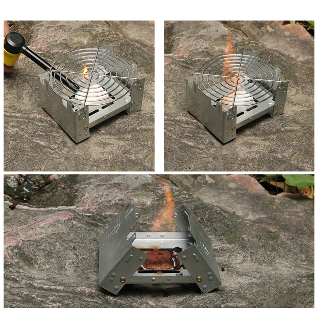 Pocket Stove Folding Emergency Camping Stove with Pot Support Rack Ultra Lightweight Backpacking Fishing Picnic BBQ