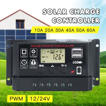

Solar Charge Controller 12/24V Large LCD Display Adjustable Auto Solar Controllers Full 4-stage PWM Charge 10/20/30/40/50/60A