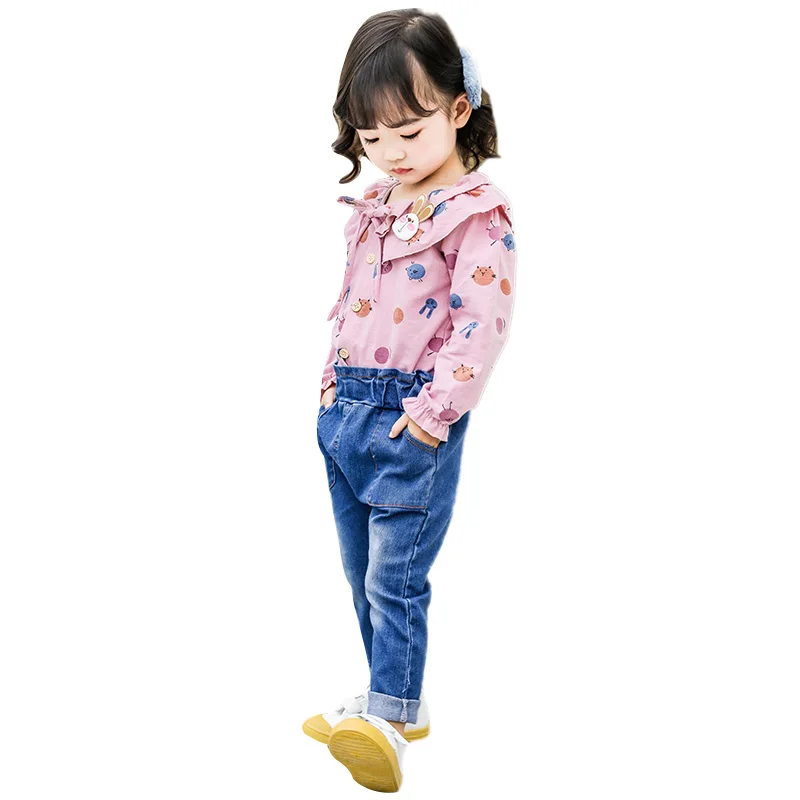Autumn Children Baby Girls Casual Long Sleeve Floral Print Blouse Tops+Denim Pants Trouser Costume Set For Brazil VIP