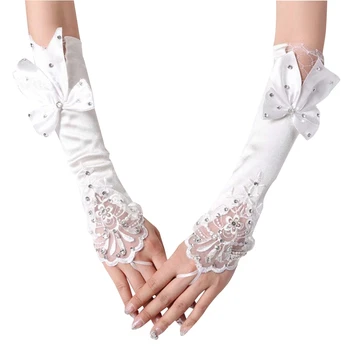 

New White Finger Bowknot Pearls Bridal Gloves Bridal Formal Wedding Gloves