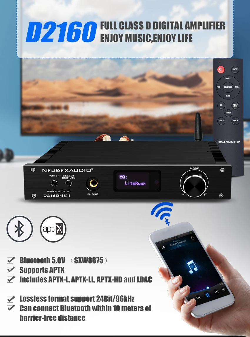 2021 FX-Audio D2160/D2160MKII TAS5548+TAS5614 Bluetooth 5.0 Full Digital Power Amplifier 150W*2 USB 24Bit/192KHz Remote Control