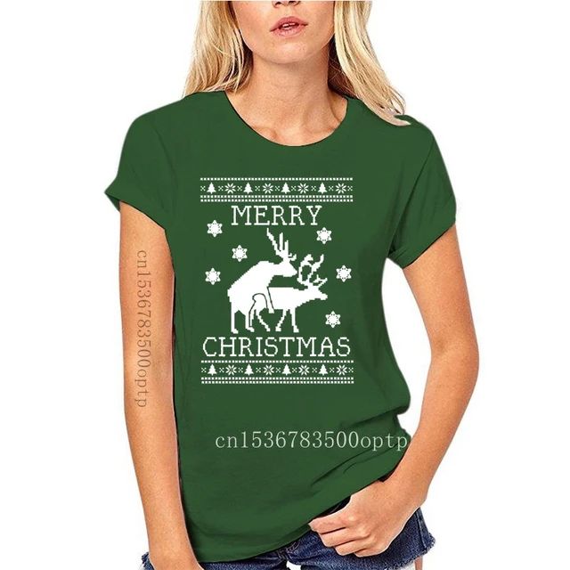 New 2021 Cotton Reindeer Humping Ugly Christmas Sweater T-Shirt Merry Xmas Party Present Gift Short-Sleeve T-Shirt green