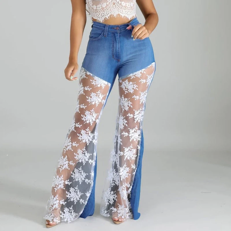 

Women Floral Lace Stitching Jeans Flare Pants Wide Leg Denim Trousers Patchwork Hollow Out High Waist Bell Bottom Plus Size chic