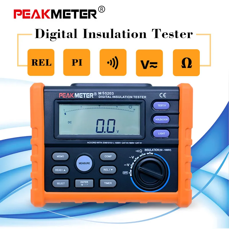 PEAKMETER аналоговый и цифровой 1000 В MS5203 тестер сопротивления изоляции мегомметром метр 0,01~ 10 г Ом с мультиметром