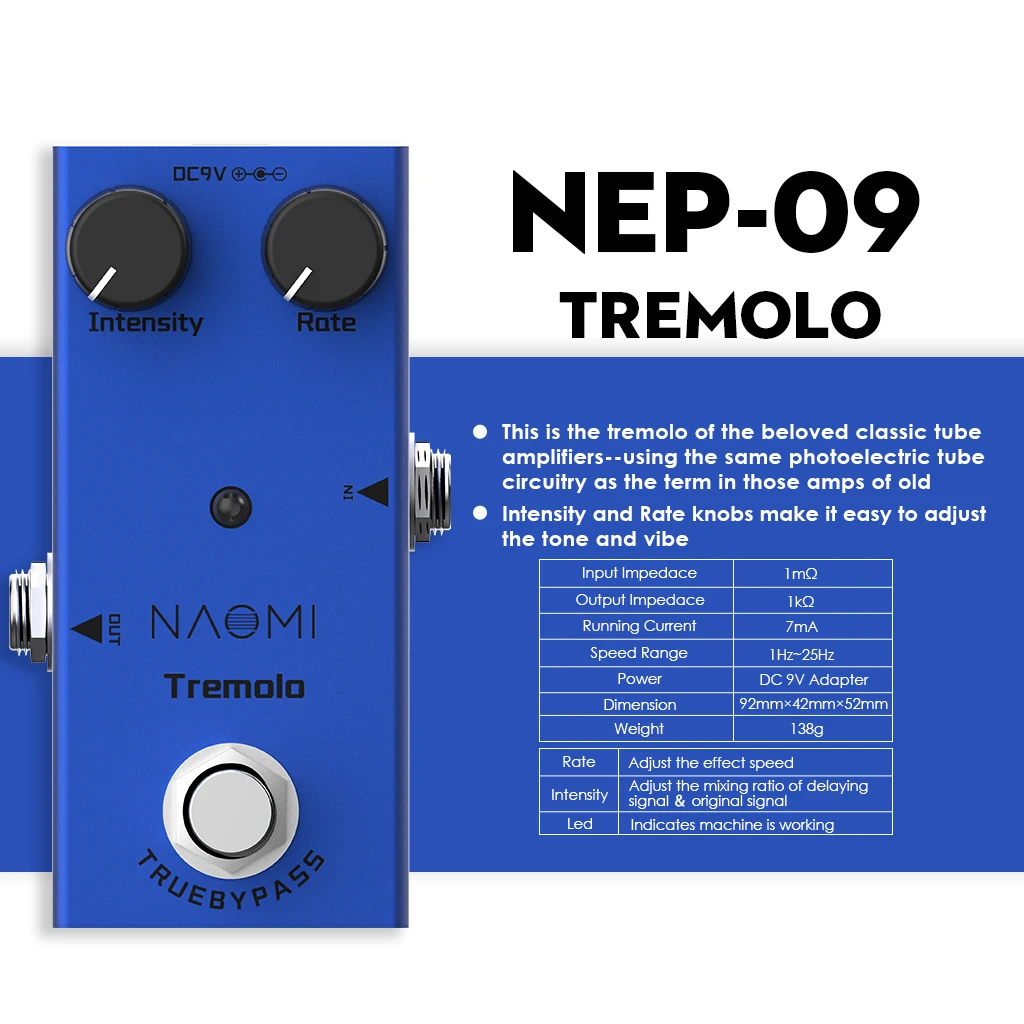 Педаль для гитарных эффектов NAOMI Tremolo DC 9 В электрической гитары интенсивность
