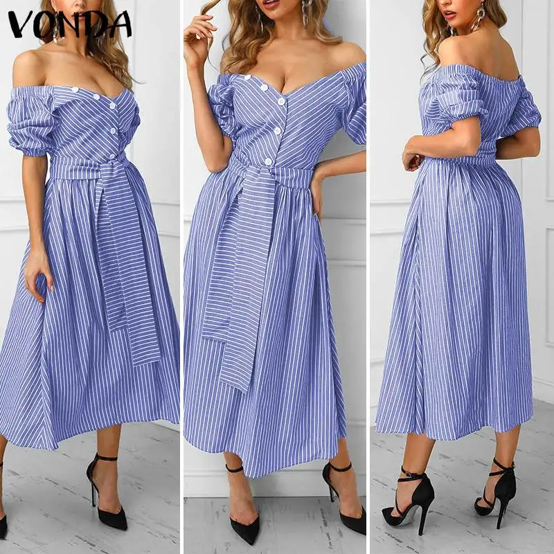 

Summer Dress Plus Size Women Vintage Half Sleeve Striped Dress VONDA 2020 Ladies Office Sundress Casual Loose Vestido S-5XL