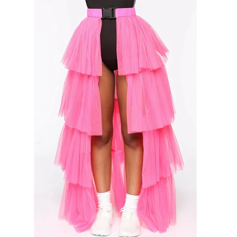 Long Pink Женская многослойная юбка для торта, длинные кружевные тюлевые юбки, женские наряды для вечеринки, Нижняя юбка в стиле "Лолита", винтажная миди юбка куртка Saias faldas - Цвет: Long Pink