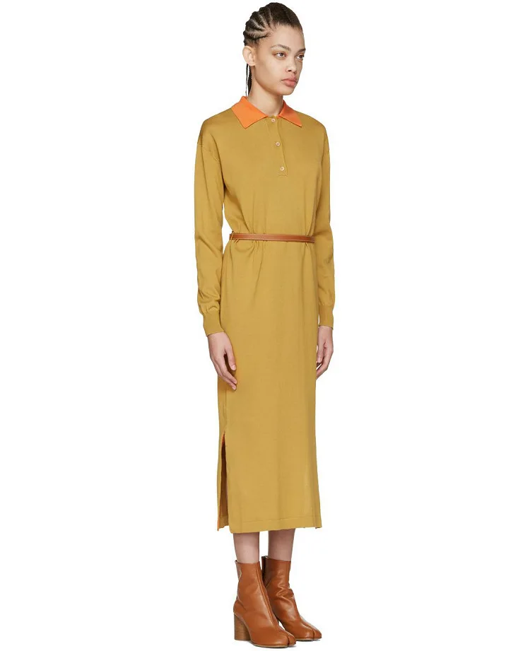 DEAT New Winter Fashion Women Clothes Turn-down Collar Full Sleeves Knits Yellow Shirt Dress With Belts WJ13807S
