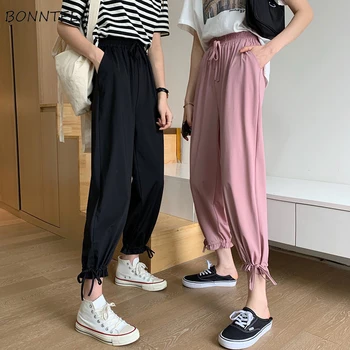 

Pants Women Loose Solid Drawstring Korean Style Bow Elastic Waist Beam Feet Straight Daily Teenager Chic Fashion New Soft Female