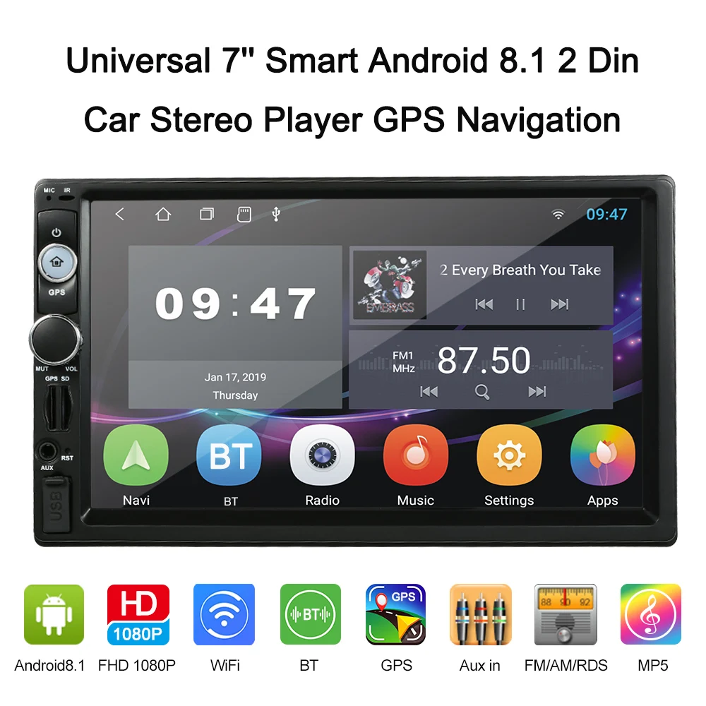 

7'' Smart Android 8.1 2 Din BT Car Stereo Radio Player GPS Navigator + Wi-Fi AM / FM / RDS Free Map Rearview Camera