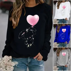 Bunny Hold Balloon Printed Hoodies Women Fleece Long Sleeve O Neck Loose Sweatshirt Girls Women Hoodie Pullovers   Winter