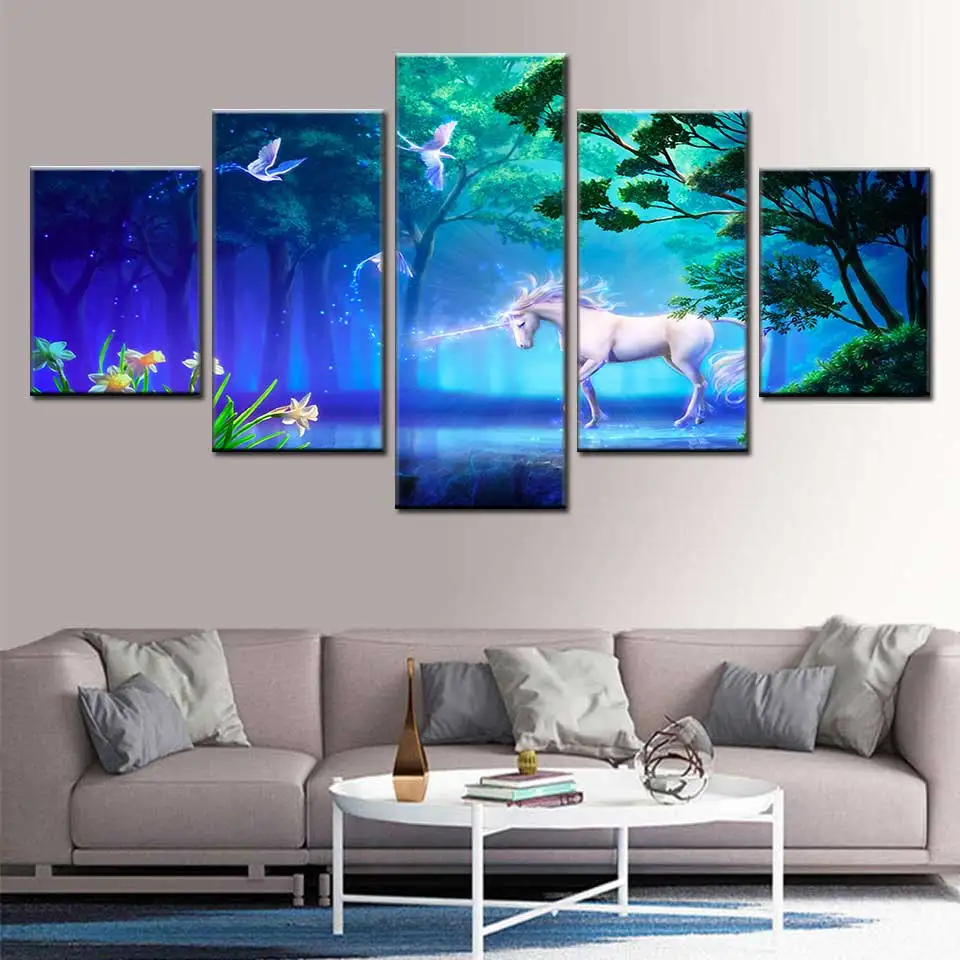 

HD Print Wall Art Modular Canvas Painting 5 Pieces Unicorn Abstract Animal Pictures Fantasy Forest Poster Home Decor