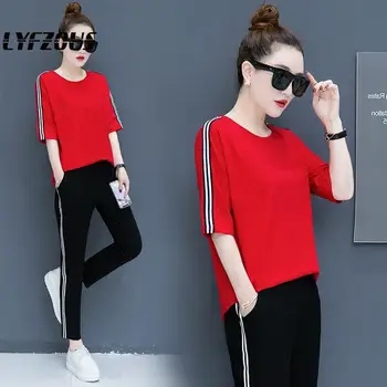 

2020 Two Piece Set Striped Jogger Pants Women Sweatsuit Tracksuit 2 Pieces Sporting Suit Female Clothing Outfits Large Size