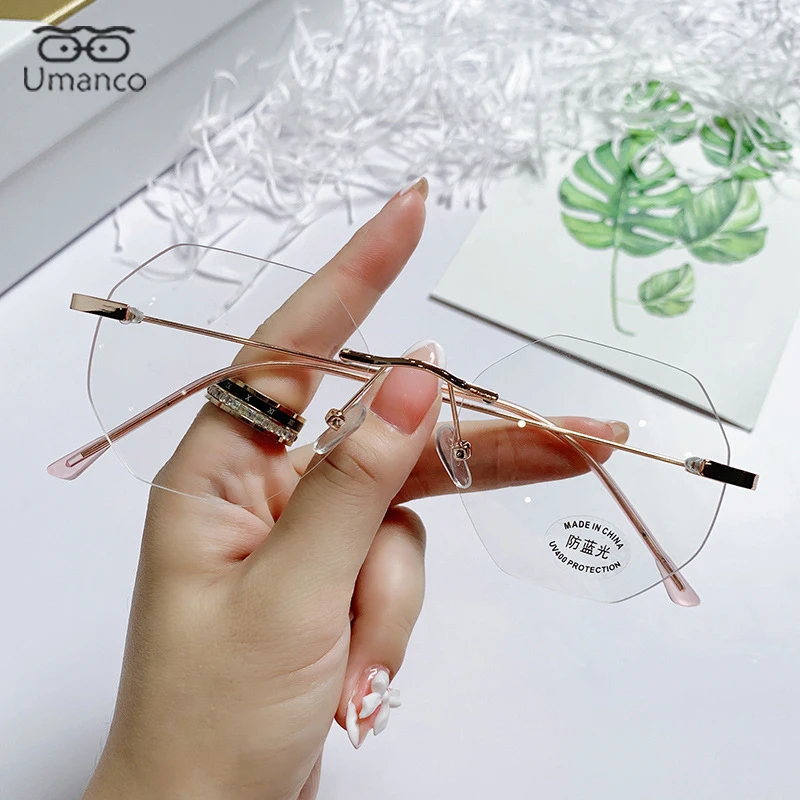 Купить Umanco Hexagon Rimless Myopia Glasses for Women Men Fashion Anti Blue Light Computer Eyeglasses Students Near Sight Eyewear  Аксессуары | Мужские очки для чтения (1005003282106345)
