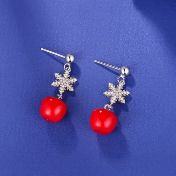 

New 925 Sterling Silver Snowflake Red Apple Earrings Forwomen Ear Pendant Student Short Full Ornament Fine Jewelry Pendientes