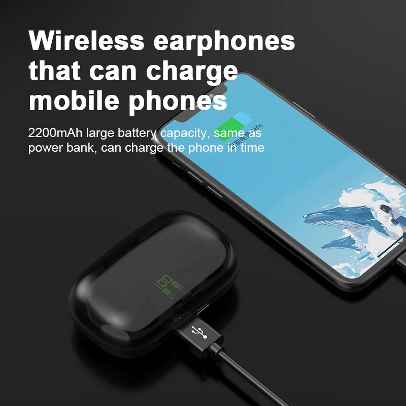 TWS Wireless Earphones Noise Canceling HiFi Mini In ear Headset 2200mAh Charging Box for iOS Android Earphone Bluetooth 5 0