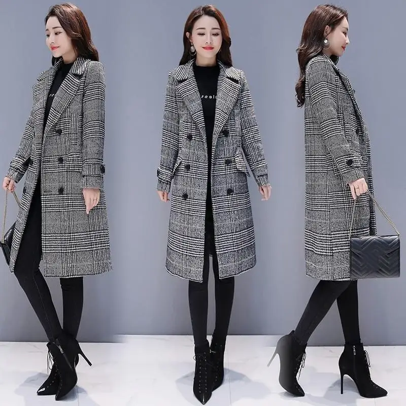 Зимнее элегантное женское корейское длинное клетчатое пальто свободного кроя, негабаритное теплое шерстяное пальто, повседневное пальто Ol