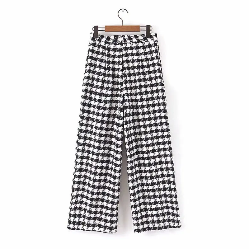 KZ915 Autumn Winter Women Chic Black White Color Block Houndstooth Pants New Fashion Trousers