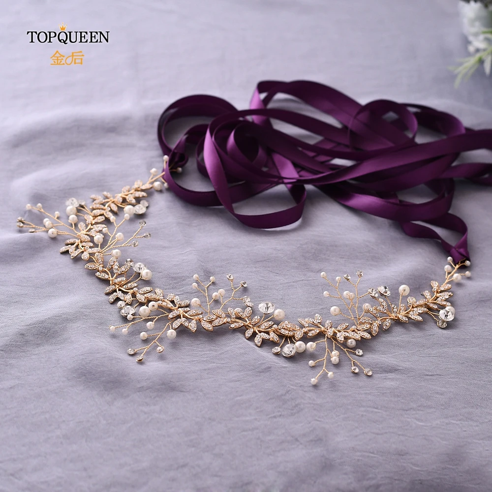 Purple ribbon TOPQUEEN, SH233-G, золотой свадебный пояс, Золотые кристаллы, стразы, жемчуг, свадебный пояс, свадебное платье, ремень, свадебные аксессуары - Цвет: Purple ribbon