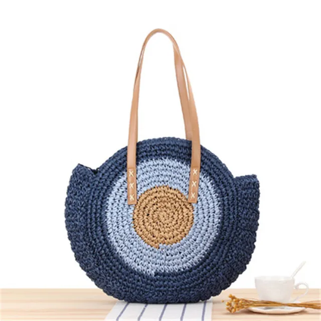 Large Capacity Round Zipper Fashionable Straw Woven Bag Handmade Summer Beach Travel Holiday Women Bags 2 blue