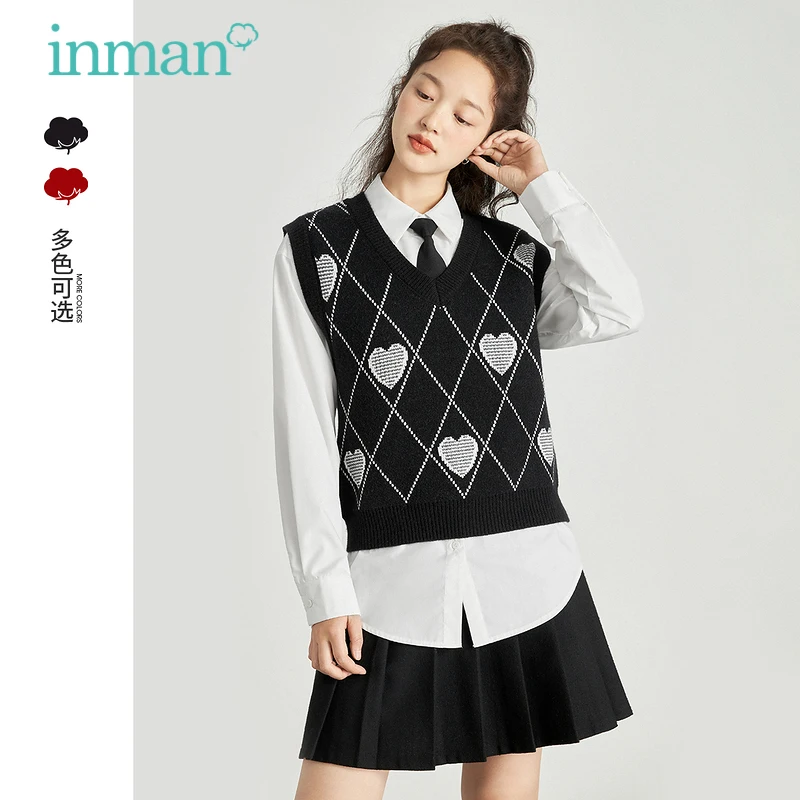 INMAN Women's Sweater Autumn Winter Vintage Casual V-Neck Heart Printing Rhomboid Loose All-match Knitted Vest |