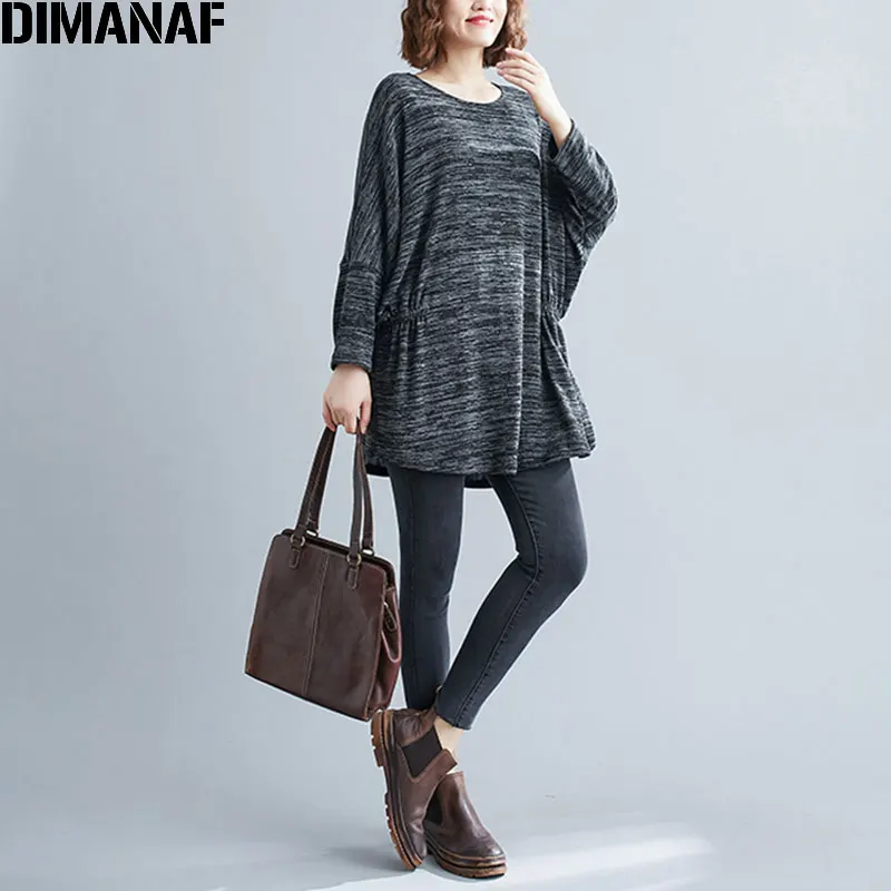 DIMANAF Plus Size Women T-Shirt Female Batwing Sleeve Tops Tunic Tees Vintage Cotton Knitting Loose Autumn tshirt Women Clothing