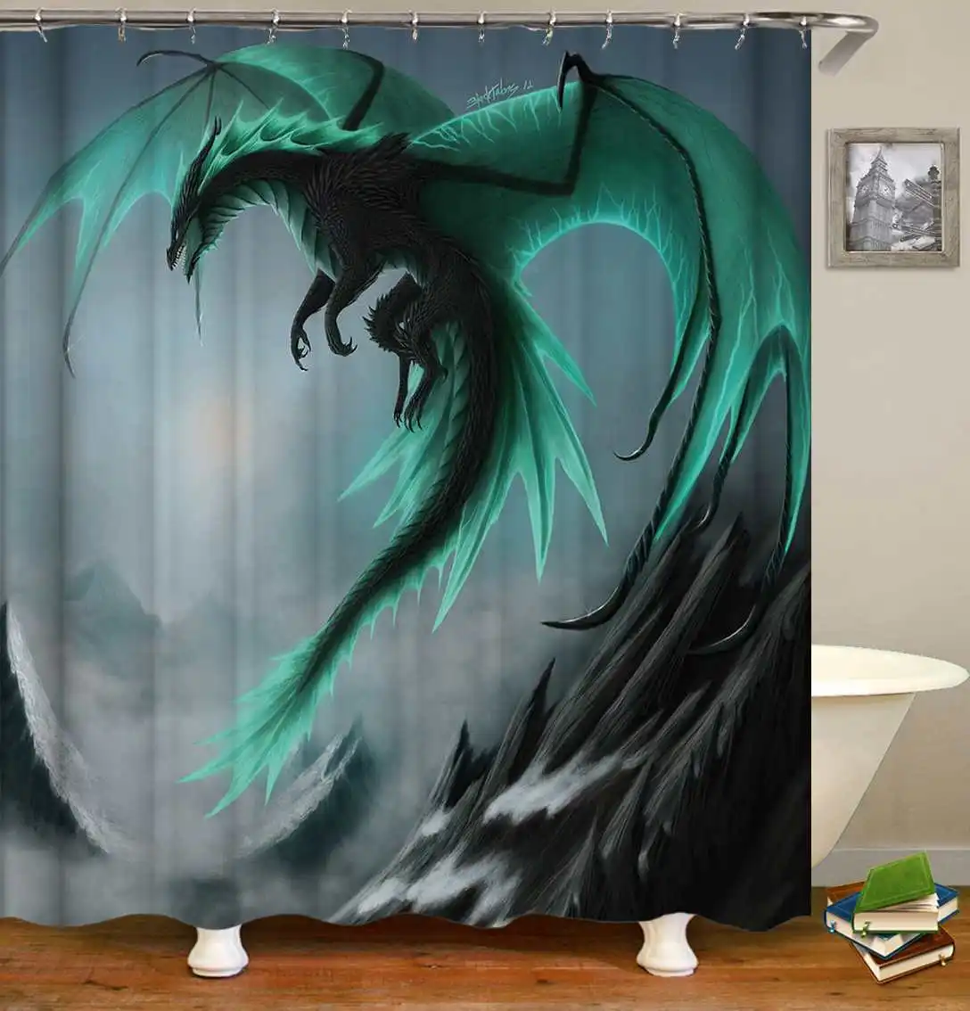 Shower curtain Современный летающий дракон, водонепроницаемая занавеска для ванной комнаты, крышка для унитаза, коврик для ванной, нескользящий коврик, набор аксессуаров для ванной комнаты с 12 крючками - Цвет: Shower curtain