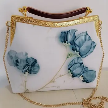

Print Flowers Kiss lock Shell Bags Vintage Designer Bag Chain Women Shoulder Crossbody Bag Pure Handmade Chic Women's Handbags