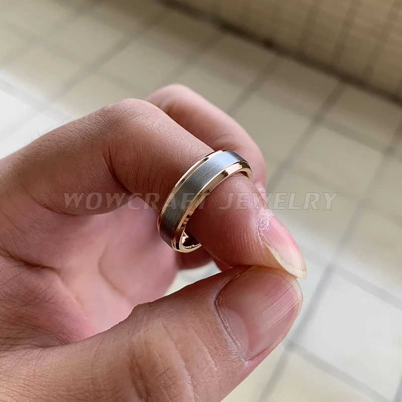 Розовое золото и серебро, женское вольфрамовое кольцо, мужские обручальные кольца со скошенными краями, матовое покрытие, комфортная посадка, 6 мм, 8 мм, свадебные кольца для пары