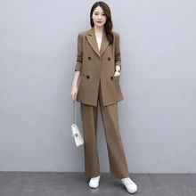 

Elegant Women Big Size 4XL Double Breated 2 Piece Set Korean Solid Blazers Coat+Loose Straight Pants Outfit Chic Formal Suit