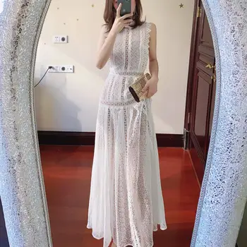 

2020 Sping Summer high quality women's white lace sleeveless dress France style design high-rise hollow out party dress B658