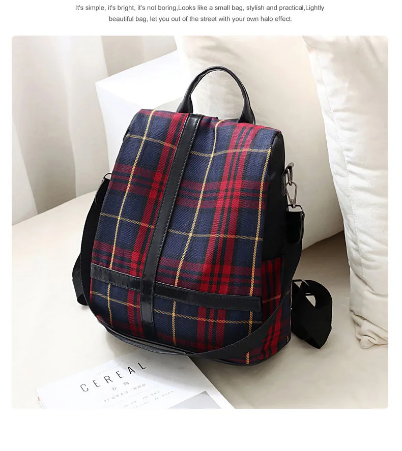 Female Red Plaid Backpack Purse Anti Theft Canvas Casual Backpack for Women 2019 Small Travel Backpack Bag School Girls Rucksack (2)