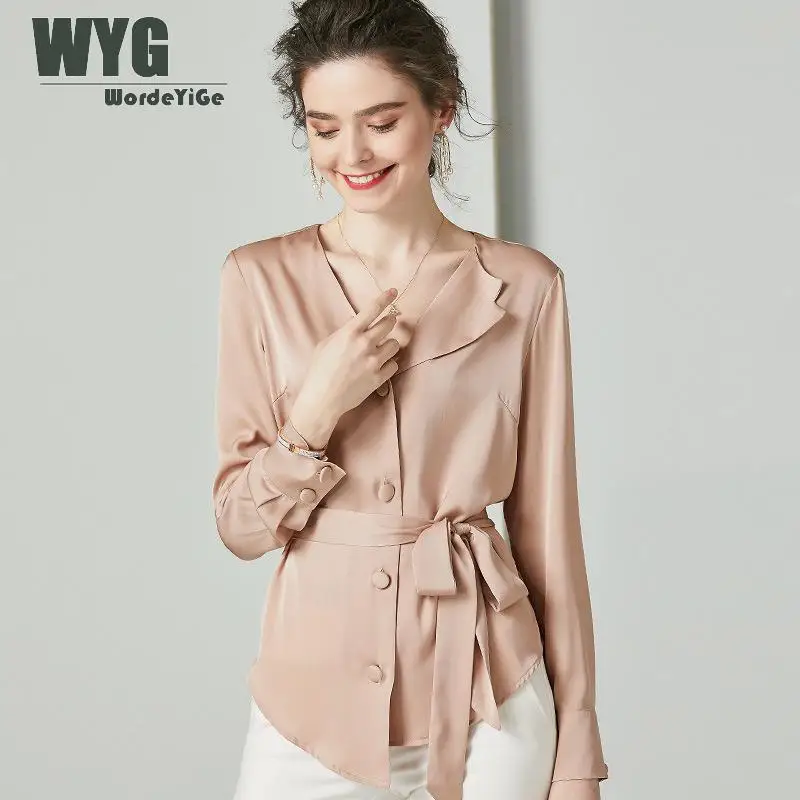 

Office Lade Silk Blouses and Tops 2020 Spring New Arrival European Fashion Slim Tie Waist Long Sleeve Original Designer Shirts