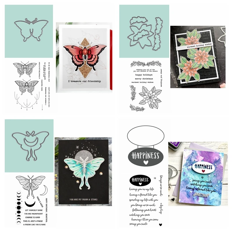 

2pcs/lot Butterfly Flowers Happiness Phrase Clear Stamps and Coordinating dies For Scrapbooking Craft Die Cut Card Making