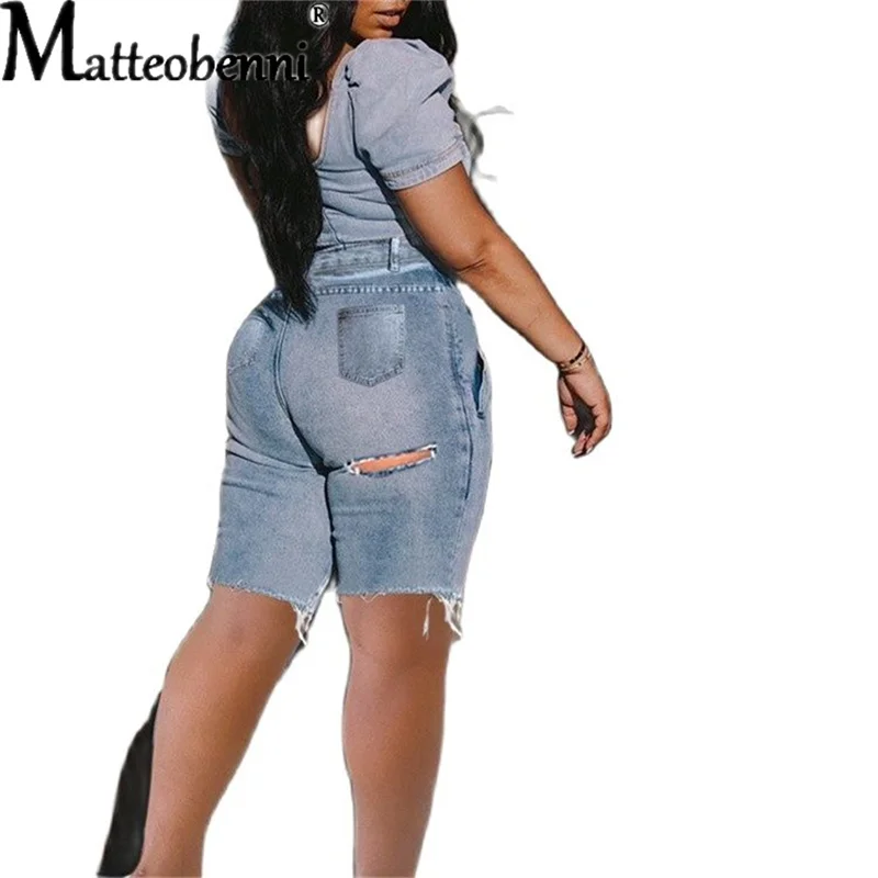 2021 Sexy Women Ripped Denim Shorts High Waist Stretch Bodycon Jeans Slim Shorts Knee Length Stretch Fashion Ladies Short Jeans