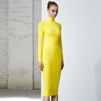 

Adyce 2020 New Autumn Yellow Long Sleeve Bandage Dress Women Sexy Bodycon Club Midi Celebrity Evening Runway Party Dress Vestido