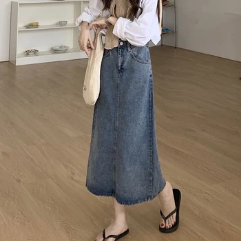 

Spring Autumn Vintage Skirts Women Fashion High Waist Blue Denim Long Skirts Woman A-line Jeans Skirt