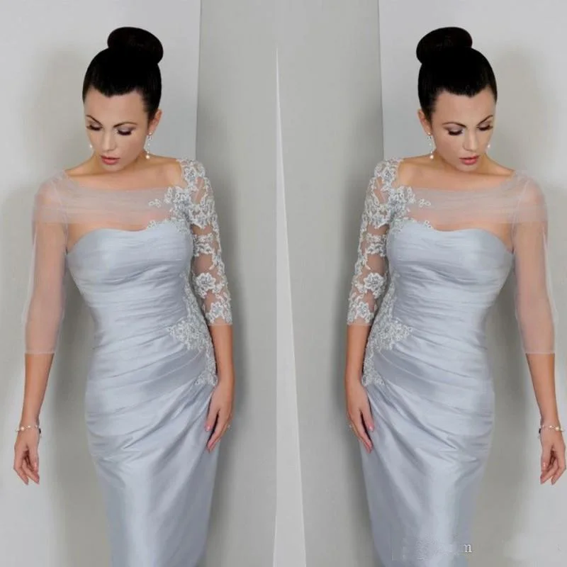 

Silver Appliques Lace Mother of the Bride Dresses Sheer Long Sleeves Knee Length Short Formal Party Gowns Mother Dress
