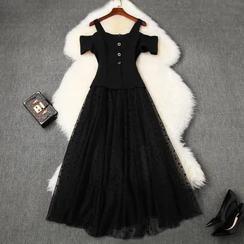 

Women black maxi dress summer 2020 gothic style cut out cold shouler button front patchwork polka dot long mesh dresses