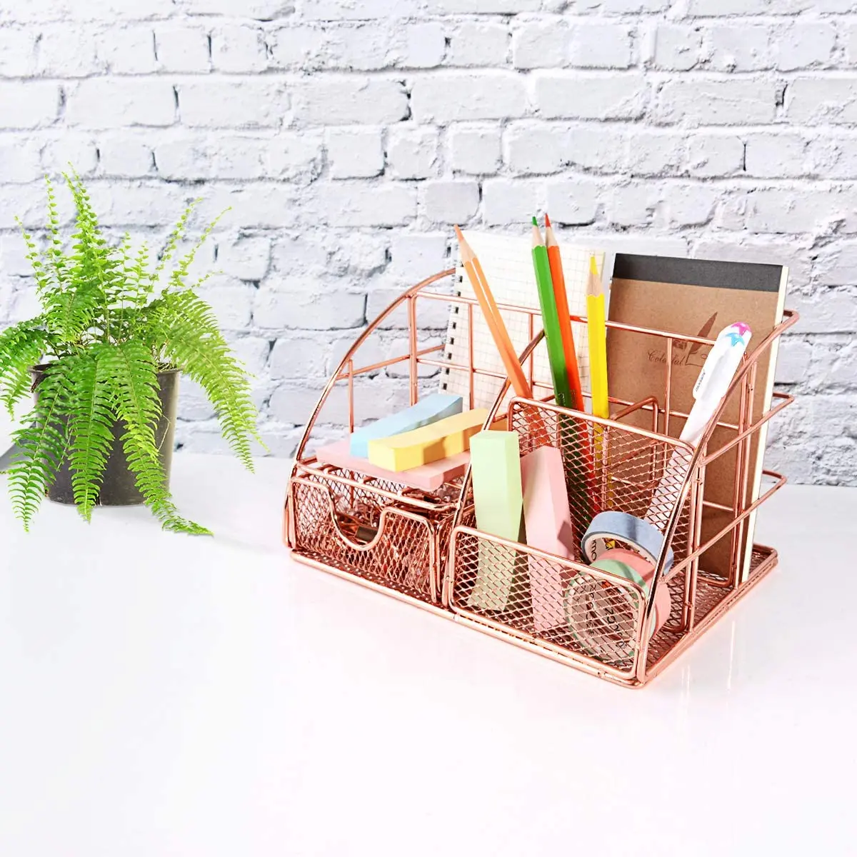 Rose Gold Desktop Organizer For Women, Cute Desk Caddy Mesh Desk