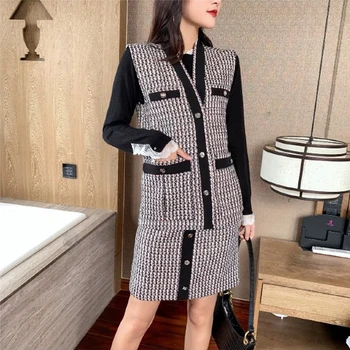 

2020 spring summer new hit color pocket small fragrance tweed Vest jacket and women tweed skirt