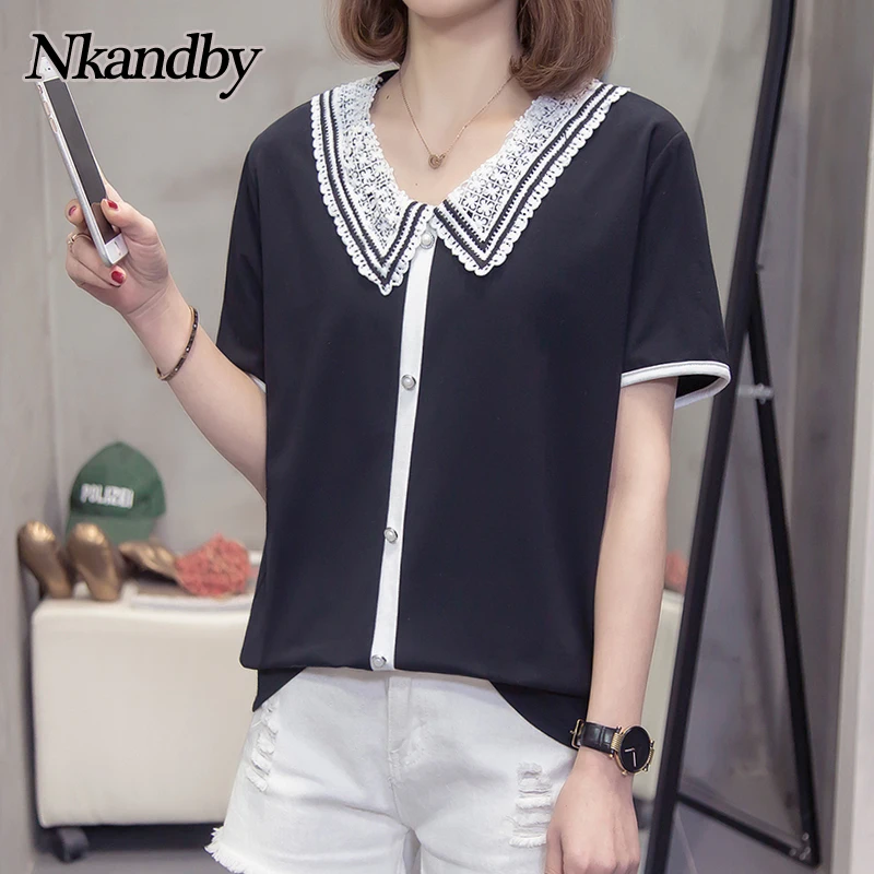 Clothing Tshirt Basic-Tops Oversize Plus-Size Women Summer Lace Short-Sleeve Turn-Down-Collar