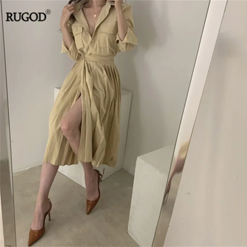 RUGOD Новое Женское модное осеннее платье стиль сафари отложной воротник карман плиссированный тонкий Vestidos темперамент корейское платье