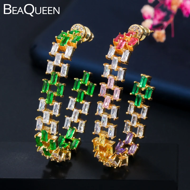 BeaQueen, трендовые, зеленые, красные, разноцветные, CZ, выдалбливают, теннис, большие, длинные серьги-кольца, 585, золотой цвет, модные ювелирные изделия для женщин E346