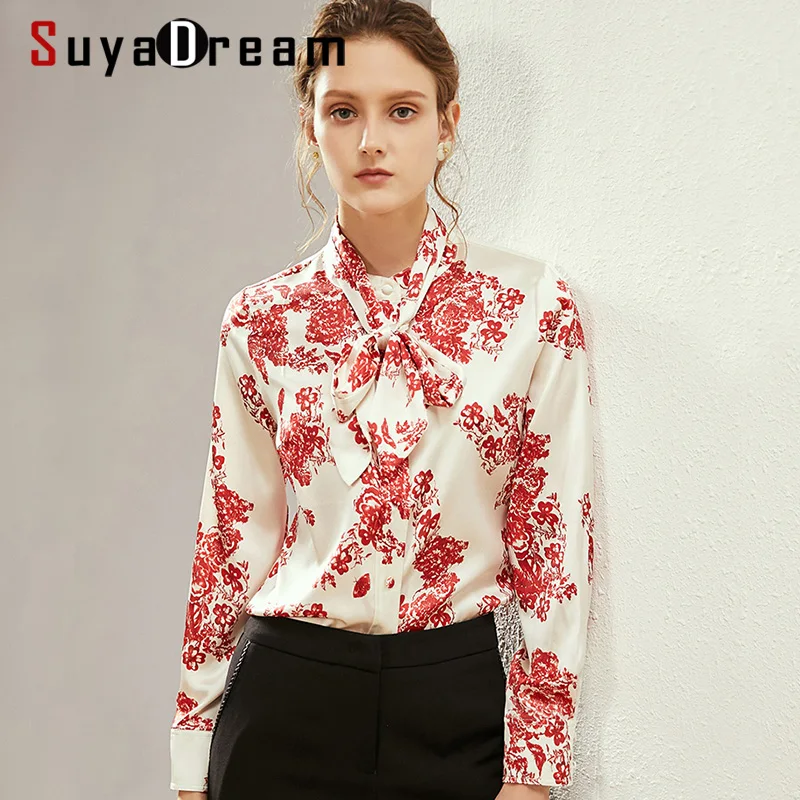 SuyaDream женские шелковые блузки из 100% шелка атласная блузка с длинными рукавами и