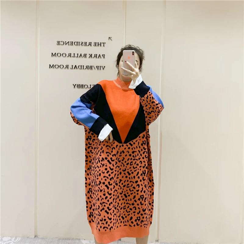Autumn Winter Large and Long Knitted Dress with Round Neck and Leopard Pattern Pullover for Women Plus Size Women Sweater