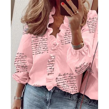 

Letter Printed Women Summer Vintage Blouse Deep V-neck Lantern Long Sleeve Tops With Ruffles Female Boho Oversized Shirt Blouses