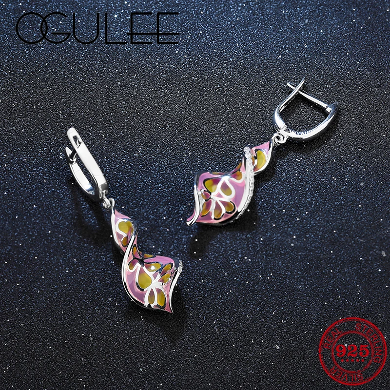 OGULEE оригинальный 925 Стерлинговое золото цветы Розовая эмаль серьги спираль сверкающих CZ в виде капель для