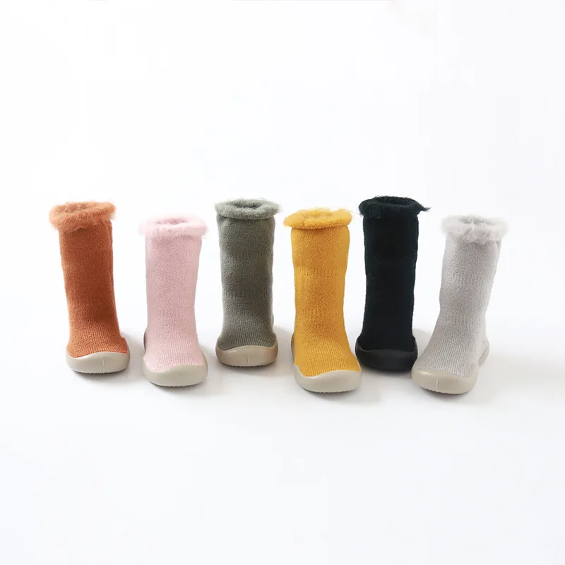 

19 Autumn And Winter New Style Brushed And Thick Children Floor Socks Bristle Baby Toddler Shoes Socks Rubber Sole Solid Color C