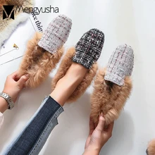 Зимние женские меховые туфли на плоской подошве; теплые мокасины; обувь с кроличьим мехом; женские меховые Лоферы без застежки с квадратным носком на кроличьем меху; женская обувь
